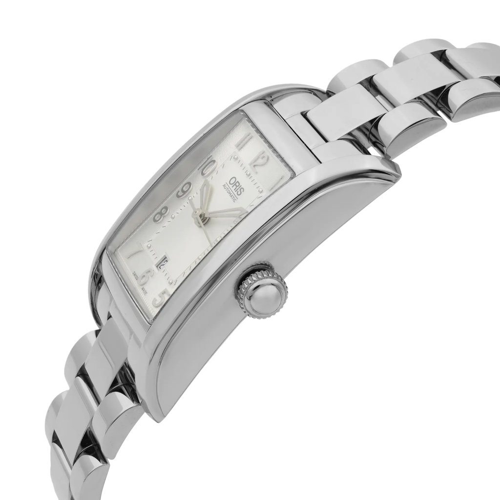 An image of a Wristwatch by Oris. This Unworn item is designed for Women, featuring a Dress/Formal style. It has a Mechanical (Automatic) movement and an Analog display with a Silver dial color. The indices include 12-Hour Dial,Arabic Numerals. The band is made of Stainless Steel and the case is made of Stainless Steel. The watch has a Rectangle shape with a case size of 25 mm and a case thickness of 10 mm.