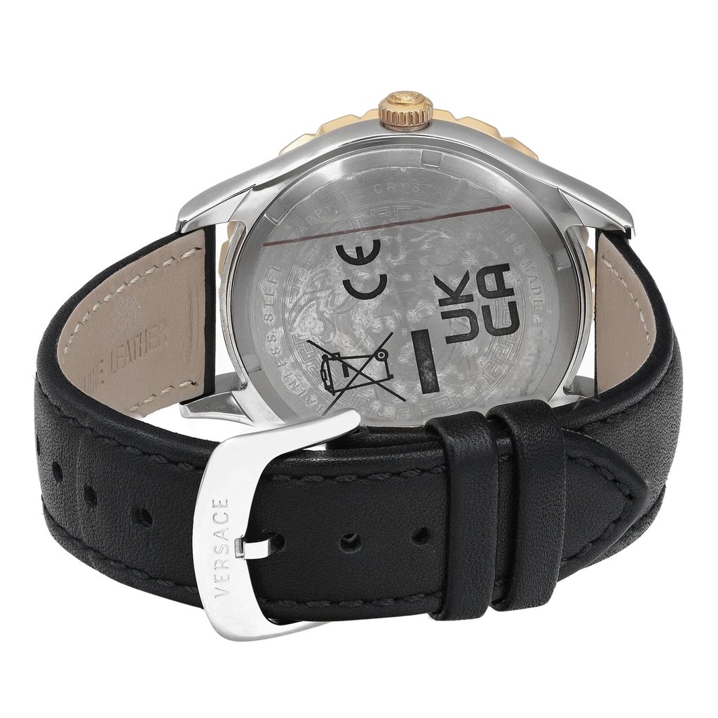 An image of a Wristwatch by Versace. This Display Model item is designed for Men, featuring a Casual style. It has a Quartz movement and an Digital display with a Green dial color. The indices include 12-Hour Dial,Seconds Hand,Stick Indexes. The band is made of Leather and the case is made of Stainless Steel. The watch has a Round shape with a case size of 38 mm and a case thickness of 10 mm.