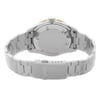 An image of a wristwatch shown from the back view, highlighting the closed clasp. The watch is positioned upright with the clasp facing the viewer, capturing the stainless steel bracelet in a slightly curved angle. The focus is close, emphasizing the clasp and the back of the watch, which features a brushed metal finish. The watch is a display model and is in good condition.