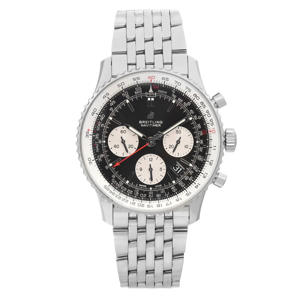 An image of a pre-owned Breitling men's wristwatch in excellent condition, displayed in a full frontal view. The watch features a pilot/aviator style with a round stainless steel case and a matching stainless steel band. It has a black dial with white non-numeric hour marks and stick indexes, sub-dials, and red second hands. The steel bezel encircles the face, and the watch is positioned centrally with the camera angle perpendicular to the watch face, showing the entire watch at a close distance. the watch is pre-owned and shows light signs of wear. 