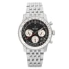 An image of a pre-owned Breitling men's wristwatch in excellent condition, displayed in a full frontal view. The watch features a pilot/aviator style with a round stainless steel case and a matching stainless steel band. It has a black dial with white non-numeric hour marks and stick indexes, sub-dials, and red second hands. The steel bezel encircles the face, and the watch is positioned centrally with the camera angle perpendicular to the watch face, showing the entire watch at a close distance. the watch is pre-owned and shows light signs of wear. 