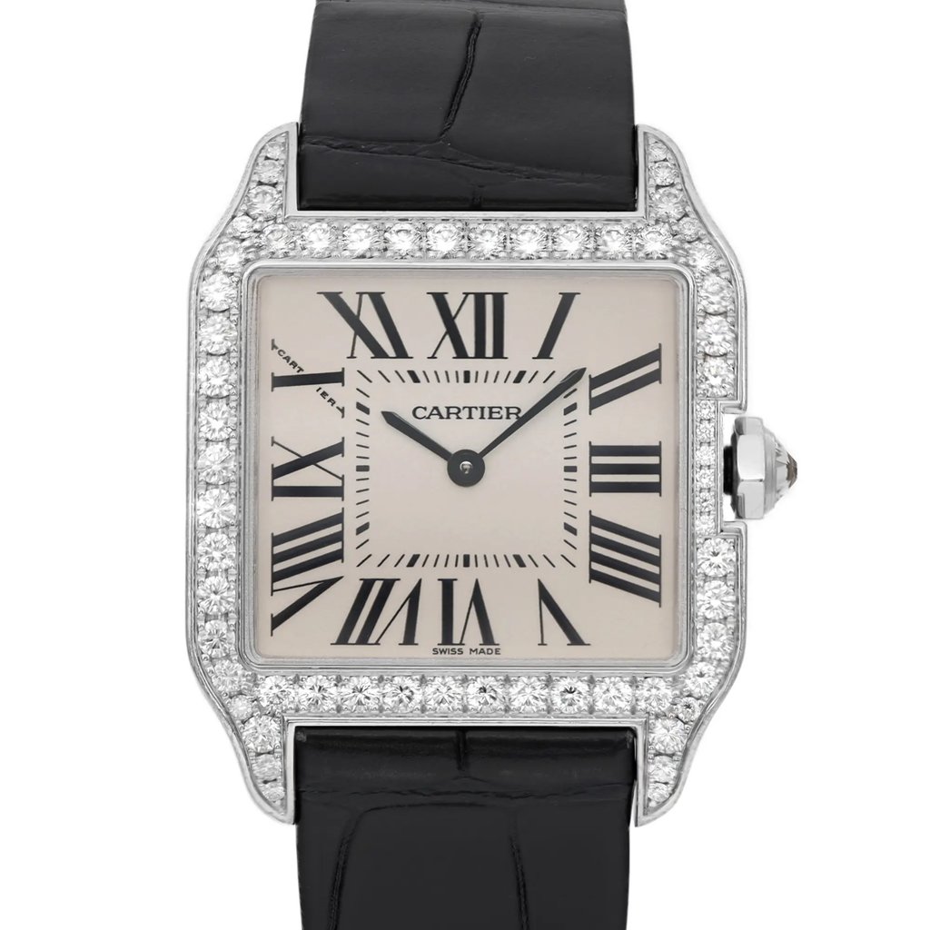 An image of a pre-owned wristwatch captured in a front close-up shot. The watch features a square face adorned with Roman numerals and a sparkling diamond bezel. It has a black leather strap, and the brand name is visible on the dial.