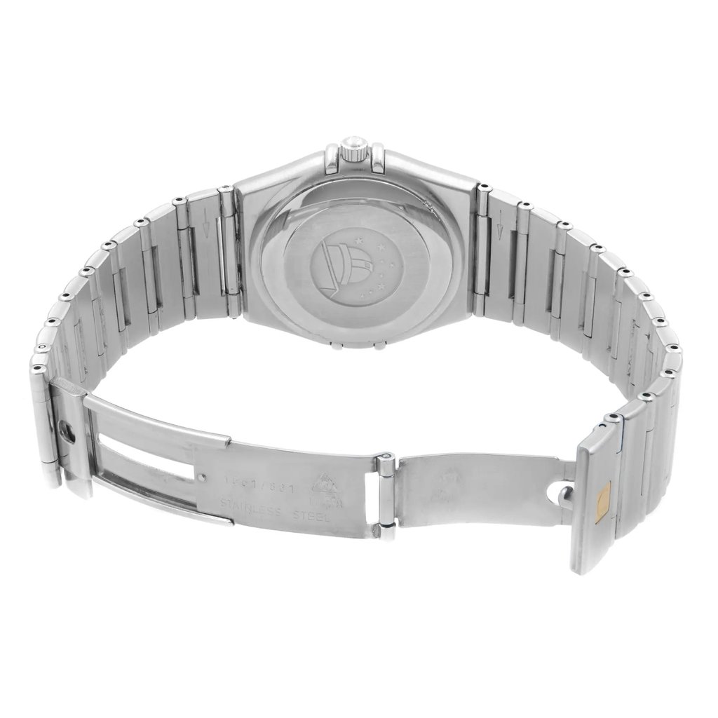 Back View Of Solid Back Case And Open Stainless Steel Band Of OMEGA 3681201 Watch Pre Owned Condition