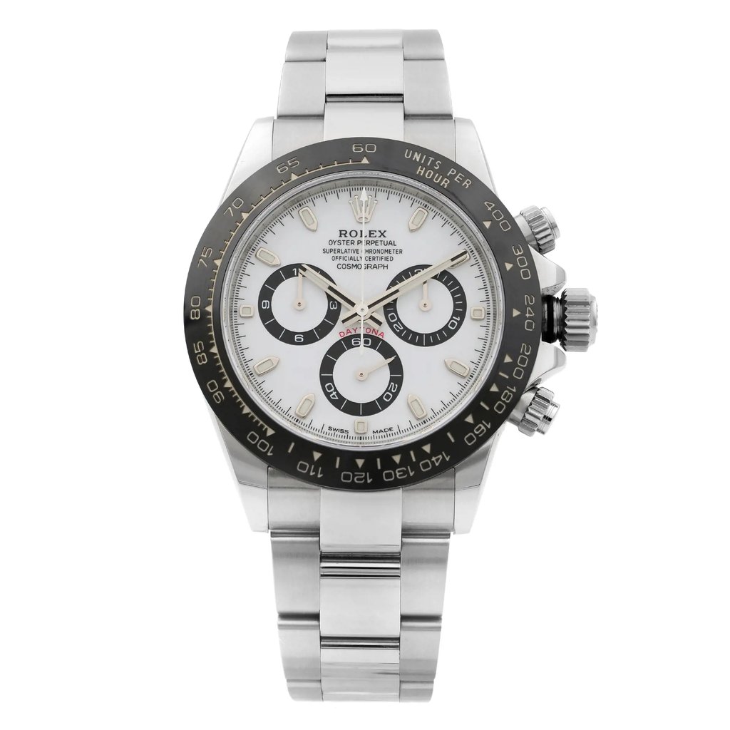 An image of a pre-owned men's Rolex wristwatch in excellent condition. The watch is positioned in a front full frontal view, displaying its round shape. It features a white dial with a black bezel, housed in a stainless steel case and band. The sport-style watch includes chronograph features and is photographed from a close distance, highlighting its details clearly.