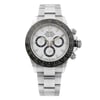 An image of a pre-owned men's Rolex wristwatch in excellent condition. The watch is positioned in a front full frontal view, displaying its round shape. It features a white dial with a black bezel, housed in a stainless steel case and band. The sport-style watch includes chronograph features and is photographed from a close distance, highlighting its details clearly.