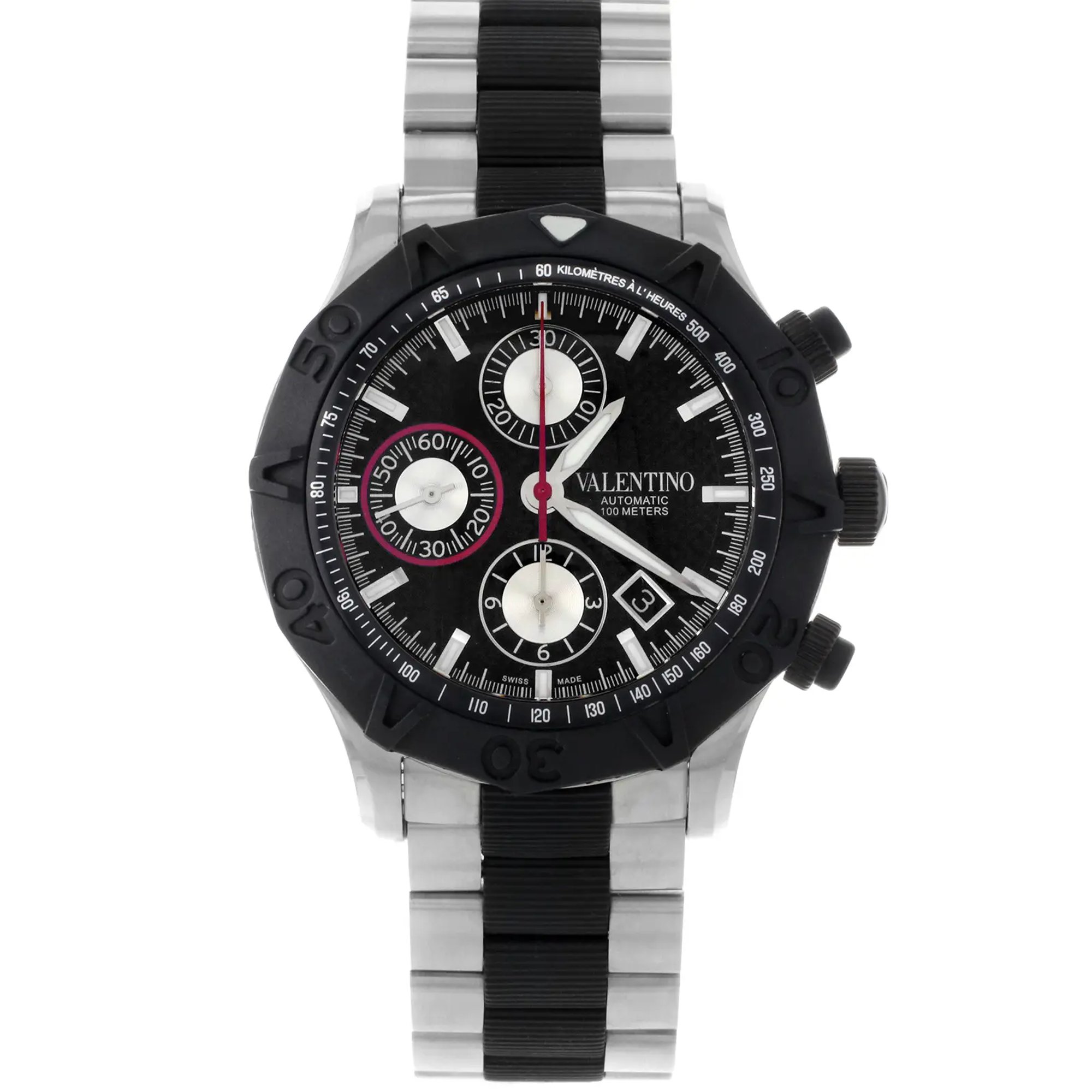 An image of a Wristwatch by Valentino. This New With Defects item is designed for Men, featuring a Diver,Dress/Formal,Sport style. It has a Mechanical (Automatic) movement and an Analog display with a Black dial color. The indices include Sticks. The band is made of Stainless Steel & Rubber and the case is made of Stainless Steel. The watch has a Round shape with a case size of 45 mm and a case thickness of 17 mm.