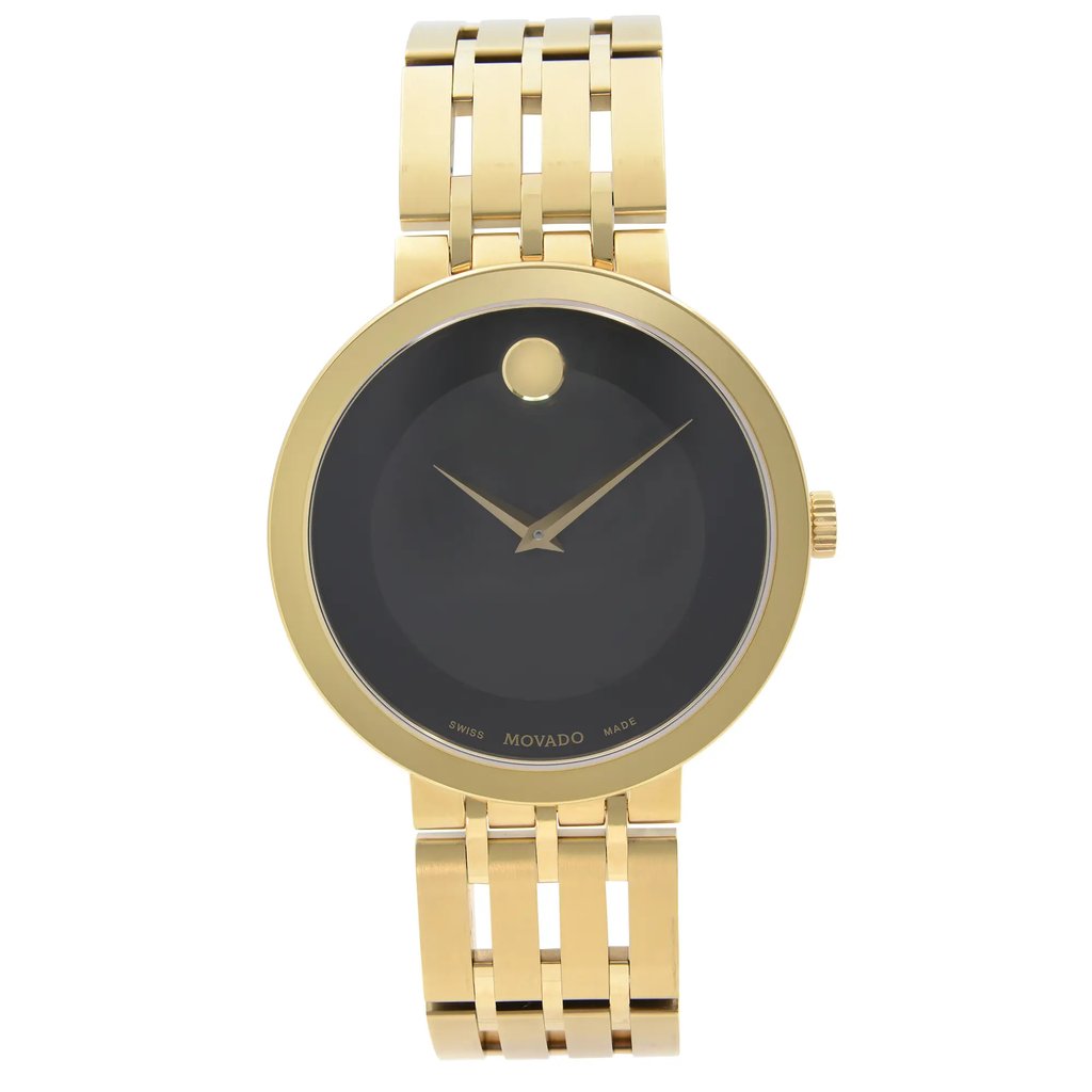 An image of a Wristwatch by Movado. This New With Defects item is designed for Men, featuring a Dress/Formal style. It has a Quartz movement and an Analog display with a Black dial color. The indices include 12-Hour Dial,No Hour Marks. The band is made of Stainless Steel and the case is made of Stainless Steel. The watch has a Round shape with a case size of 39 mm and a case thickness of 7 mm.