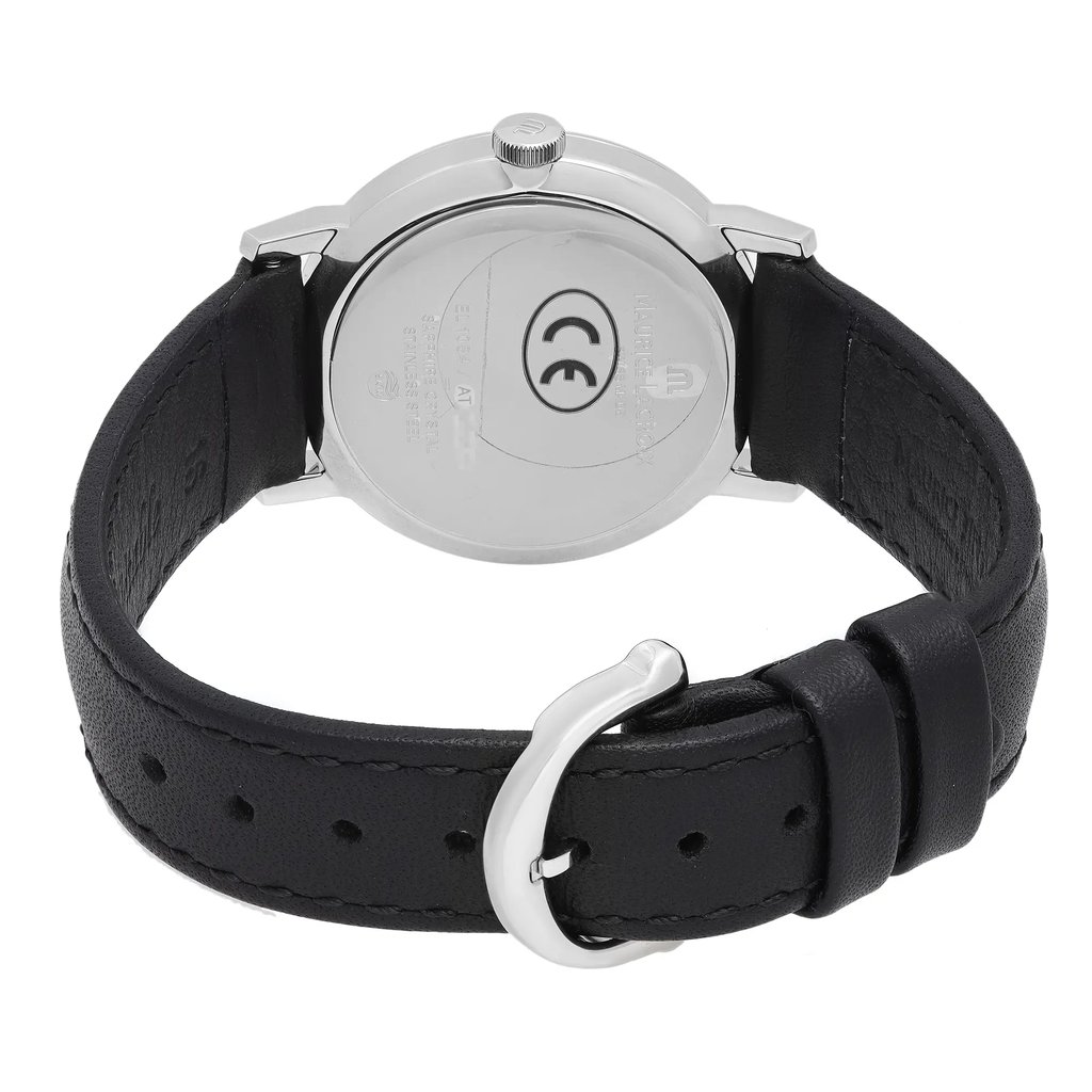 Back View Of Solid Back Case And Closed Leather Band Of Maurice Lacroix EL1084-SS001-811 Watch Unworn Condition