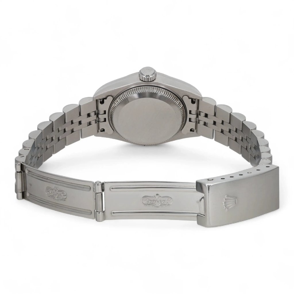 Back View Of Screwback Back Case And Open Stainless Steel Band Of Rolex 79174 Watch Pre Owned Condition