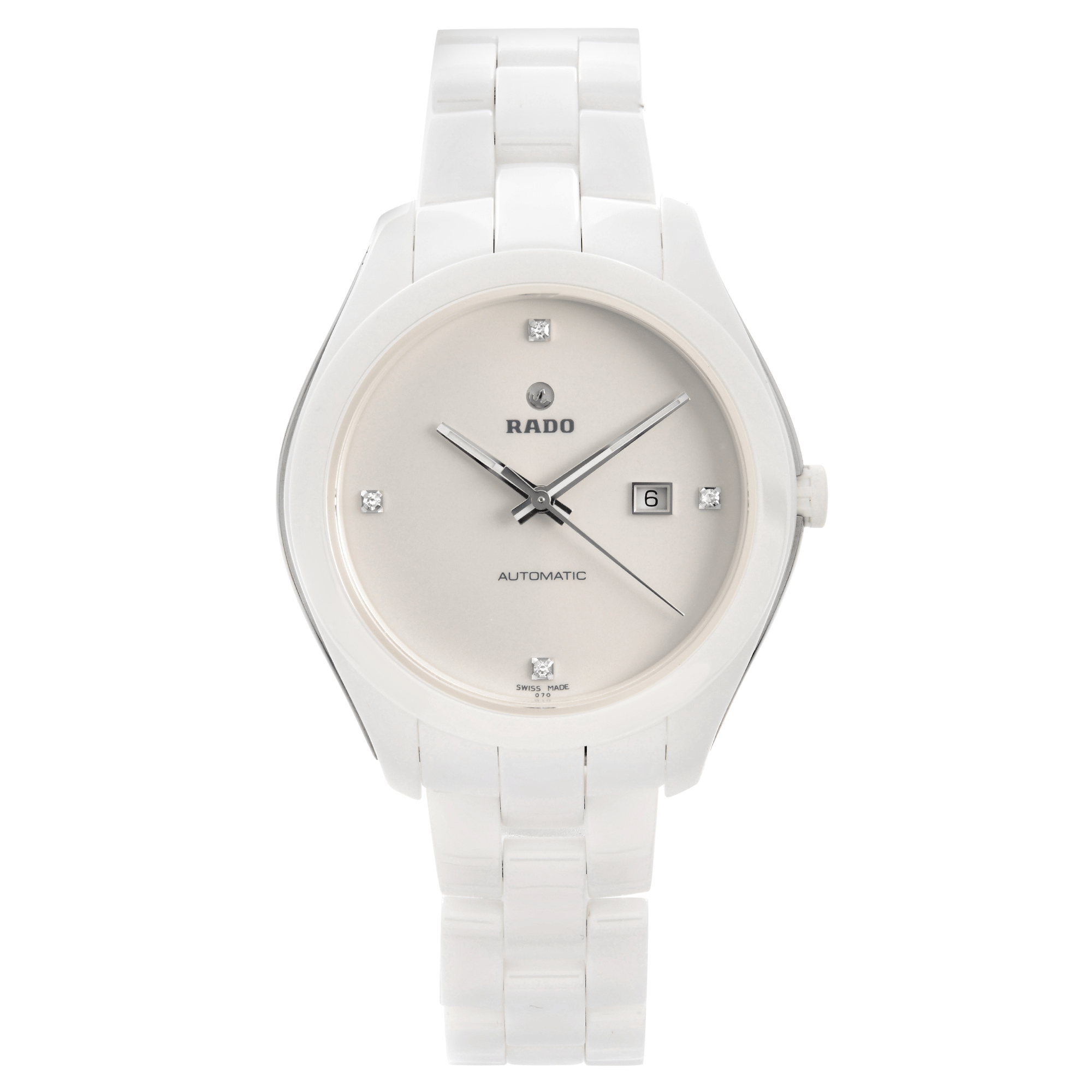 An image of a Wristwatch by Rado. This Display Model item is designed for Women, featuring a Casual,Dress/Formal style. It has a Mechanical (Automatic) movement and an Analog display with a White dial color. The indices include Diamond Markers. The band is made of Ceramic and the case is made of Ceramic. The watch has a Round shape with a case size of 36 mm and a case thickness of 10 mm.