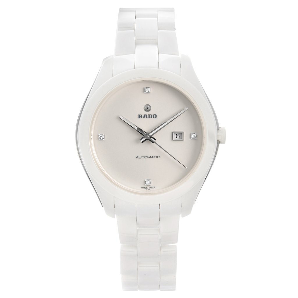 An image of a Wristwatch by Rado. This Display Model item is designed for Women, featuring a Casual,Dress/Formal style. It has a Mechanical (Automatic) movement and an Analog display with a White dial color. The indices include Diamond Markers. The band is made of Ceramic and the case is made of Ceramic. The watch has a Round shape with a case size of 36 mm and a case thickness of 10 mm.