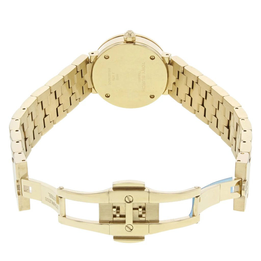 Back View Of Screwback Back Case And Open Stainless Steel Band Of Tory Burch TRB4011 Watch Pre Owned Condition