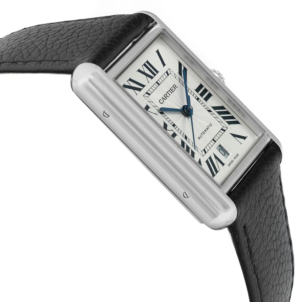 An image of a Cartier men's wristwatch in display model condition, presented in a side profile view opposite the crown. The watch is photographed up close, capturing the gray bezel and silver dial with Roman numerals. The rectangular stainless steel case connects to a black leather band, and the watch face is adorned with blue hands. The Cartier logo is visible just below the 12 o'clock position. The watch may have minor blemishes due to store handling.
