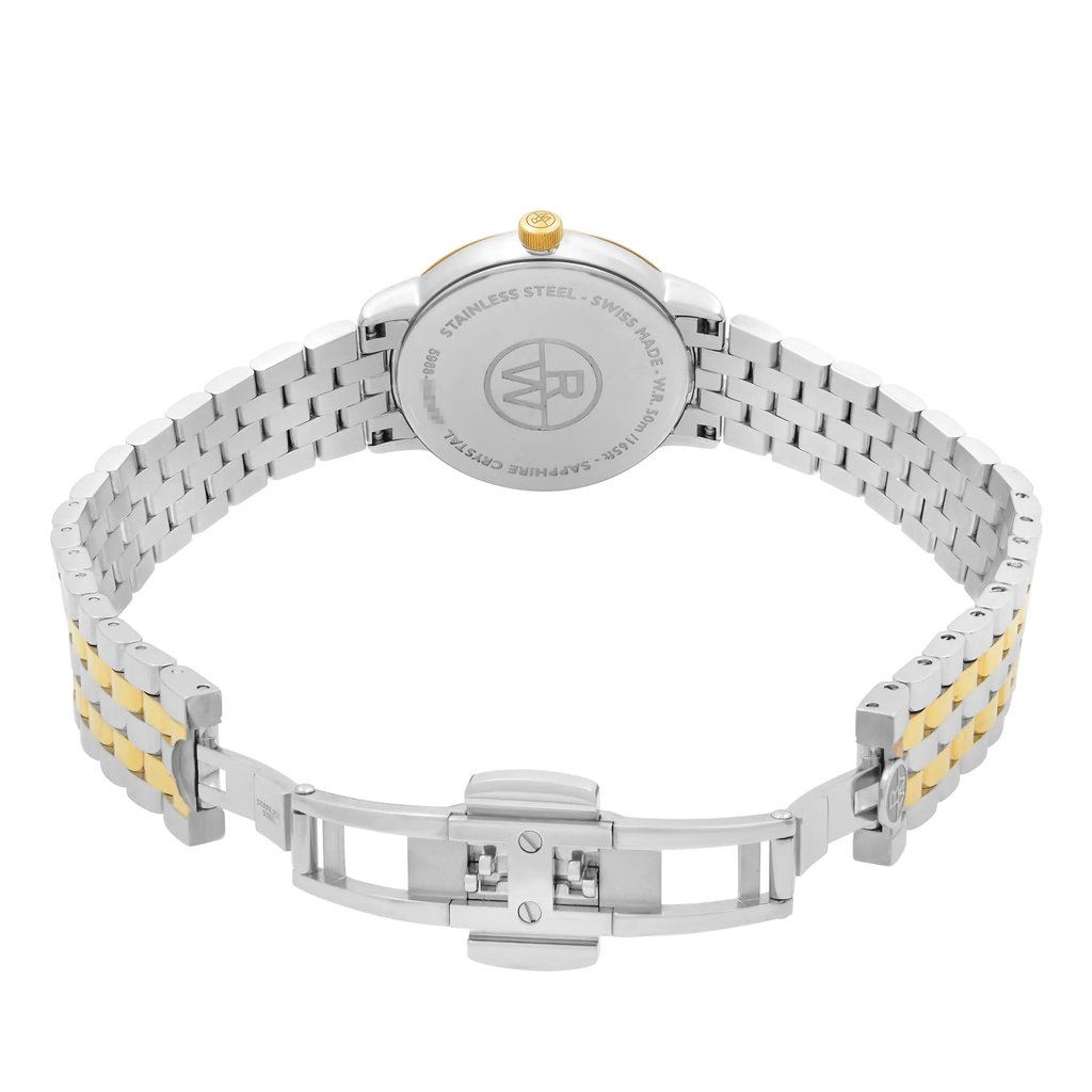 Back View Of Solid Back Case And Open Stainless Steel Band Of RAYMOND WEIL 5988-SPS-97081 Watch Display Model Condition