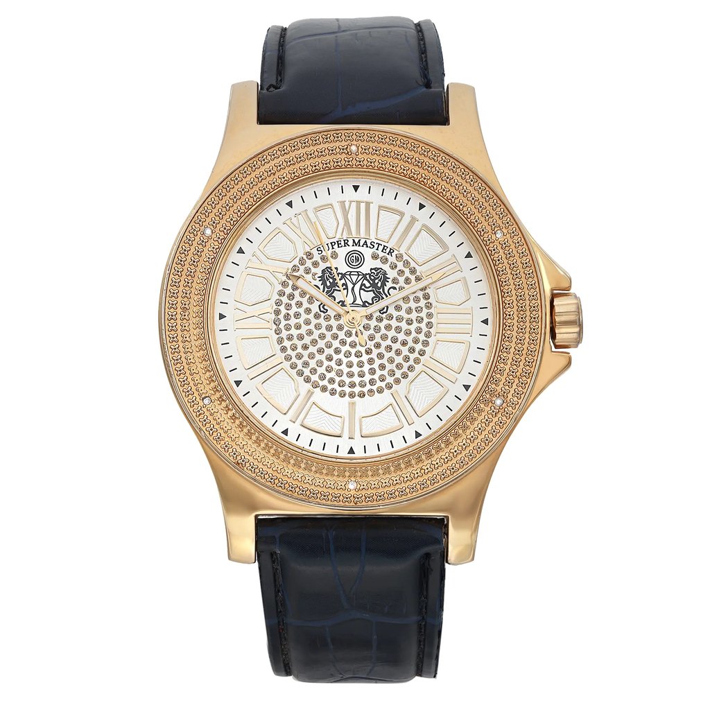 An image of a Wristwatch by Super Master. This Pre Owned item is designed for Men, featuring a Dress/Formal style. It has a Quartz movement and an Analog display with a Silver dial color. The indices include 12-Hour Dial,Roman Numerals. The band is made of Leather and the case is made of Stainless Steel. The watch has a Round shape with a case size of 48 mm and a case thickness of 12 mm.