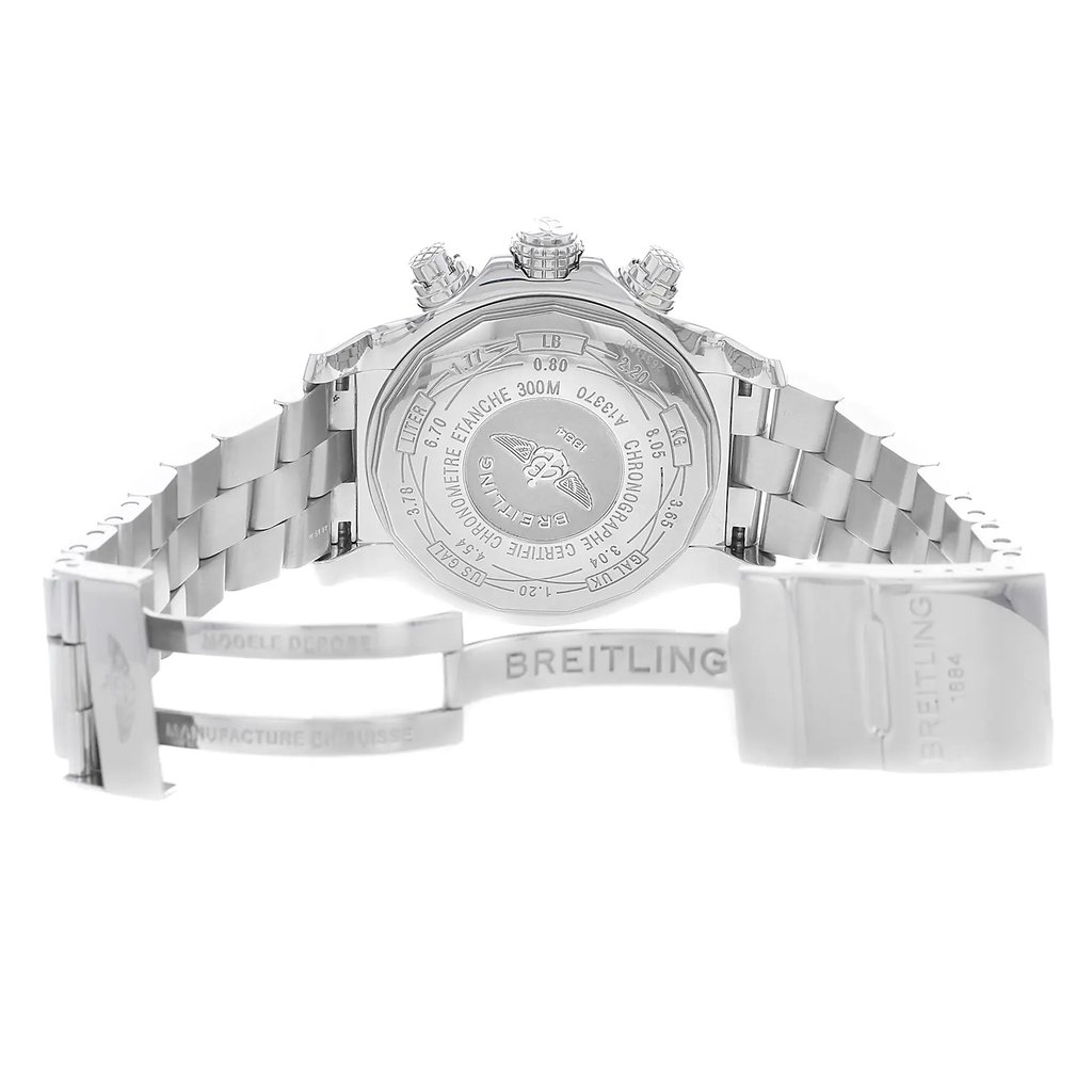 Back View Of {Caseback} Back Case And Open Stainless Steel Band Of Breitling A1337011/A699-135A Watch Display Model Condition