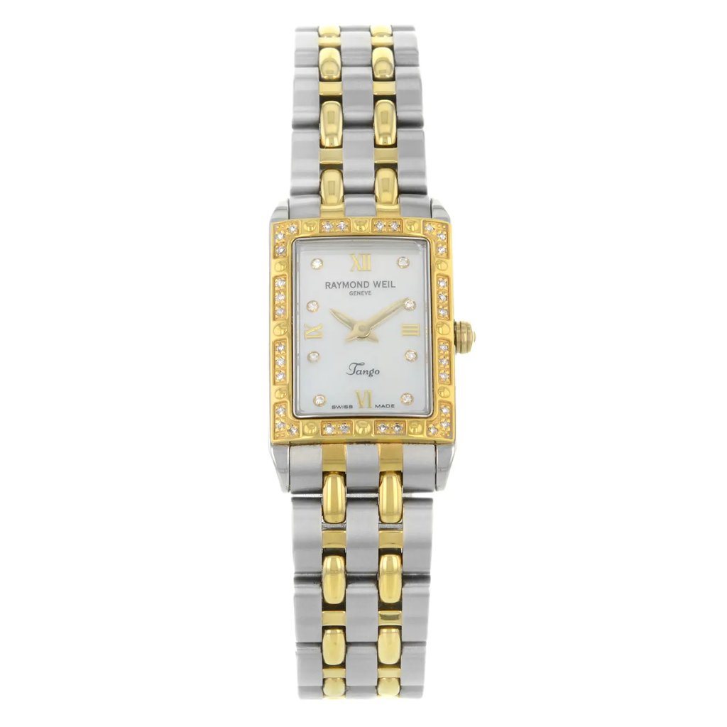 An image of a Wristwatch by RAYMOND WEIL. This Display Model item is designed for Women, featuring a Casual style. It has a Quartz movement and an Analog display with a White Mother Of Pearl dial color. The indices include 12-Hour Dial,Diamond Markers. The band is made of Stainless Steel and the case is made of Stainless Steel. The watch has a Rectangle shape with a case size of 18 mm and a case thickness of 7 mm.