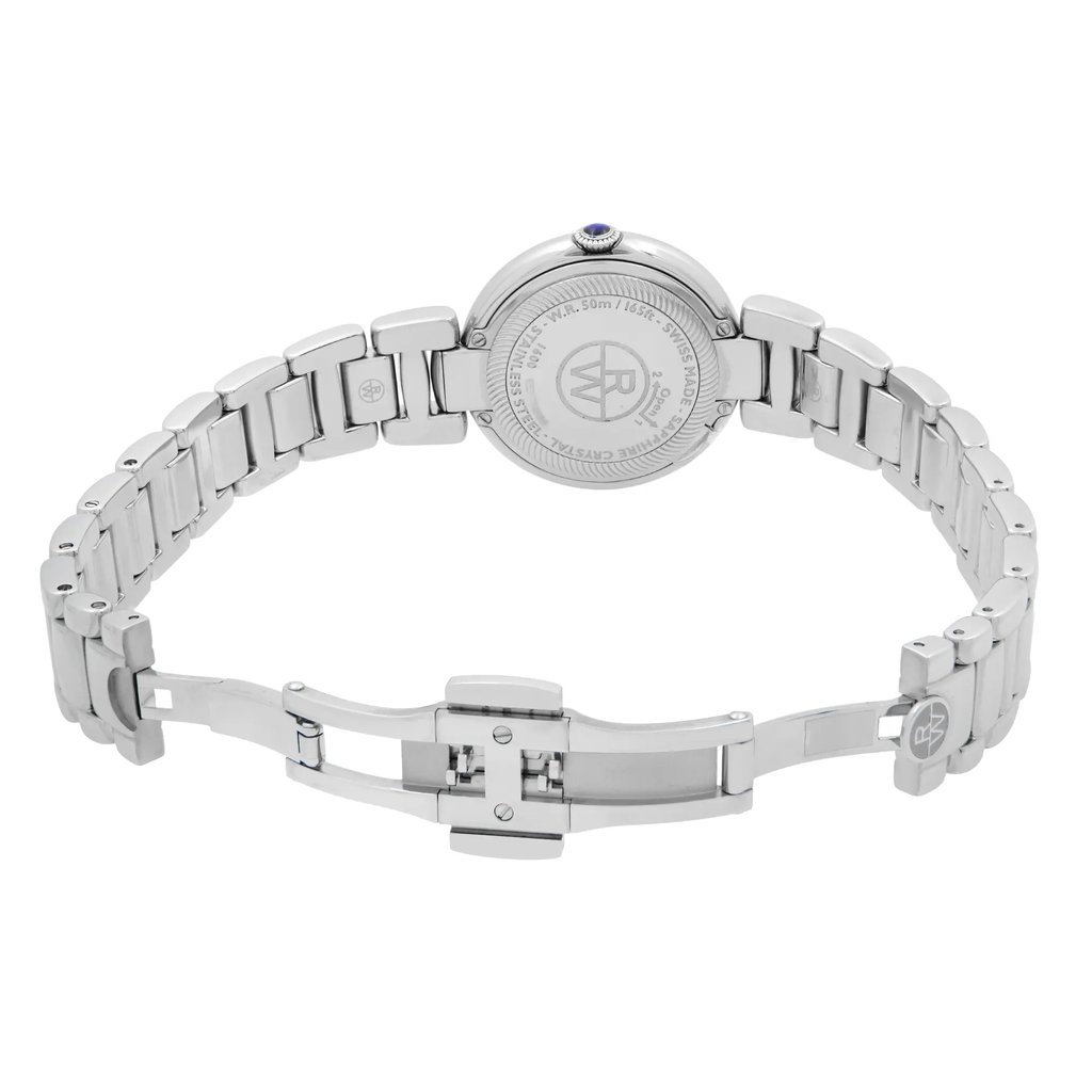Back View Of Screwback Back Case And Open Stainless Steel Band Of RAYMOND WEIL 1600-ST-RE695 Watch Unworn Condition
