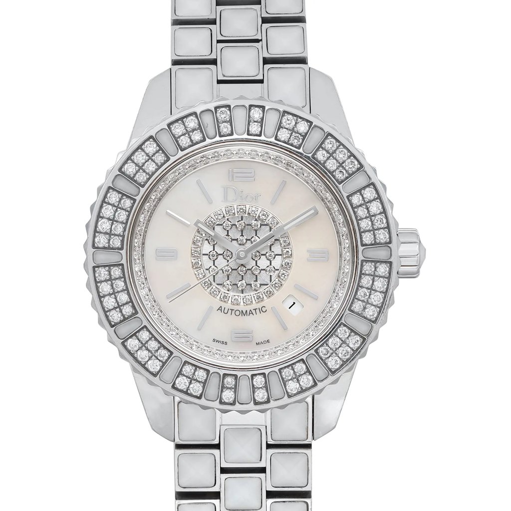 Up Close Front Facing Picture Of Dior CD113512M001 Stainless Steel Watch Pre Owned Condition