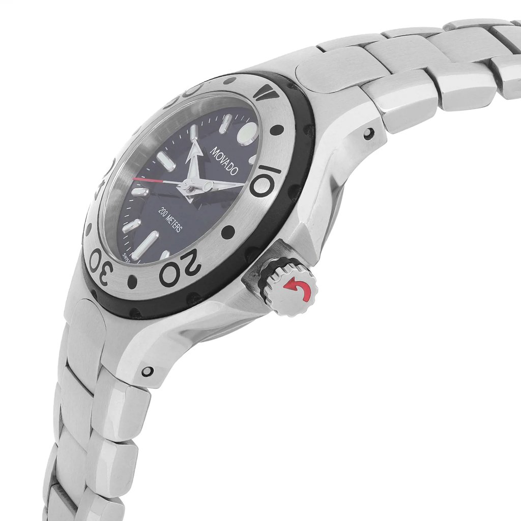 An image of a Wristwatch by Movado. This Pre Owned item is designed for Women, featuring a Diver style. It has a Quartz movement and an Analog display with a Black dial color. The indices include Stick Indexes. The band is made of Stainless Steel and the case is made of Stainless Steel. The watch has a Round shape with a case size of 28 mm and a case thickness of 11 mm.