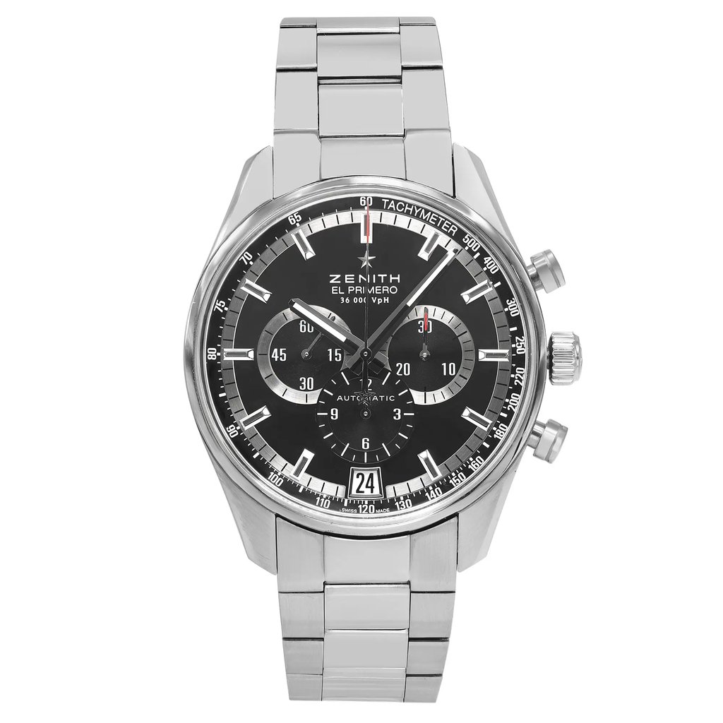 An image of a pre-owned wristwatch taken from a full frontal view. The watch features a metallic bracelet and a detailed black dial with multiple sub-dials and a tachymeter scale. The brand name is visible on the dial. The image captures the watch straight on, emphasizing its intricate design and features.