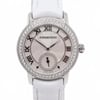 An image of a pre-owned women's Audemars Piguet wristwatch, taken from a front-facing angle at a close distance. The watch features a circular face with Roman numerals, a smaller subdial, and a diamond-encrusted bezel. The strap is white, and the brand name is visible on the dial.