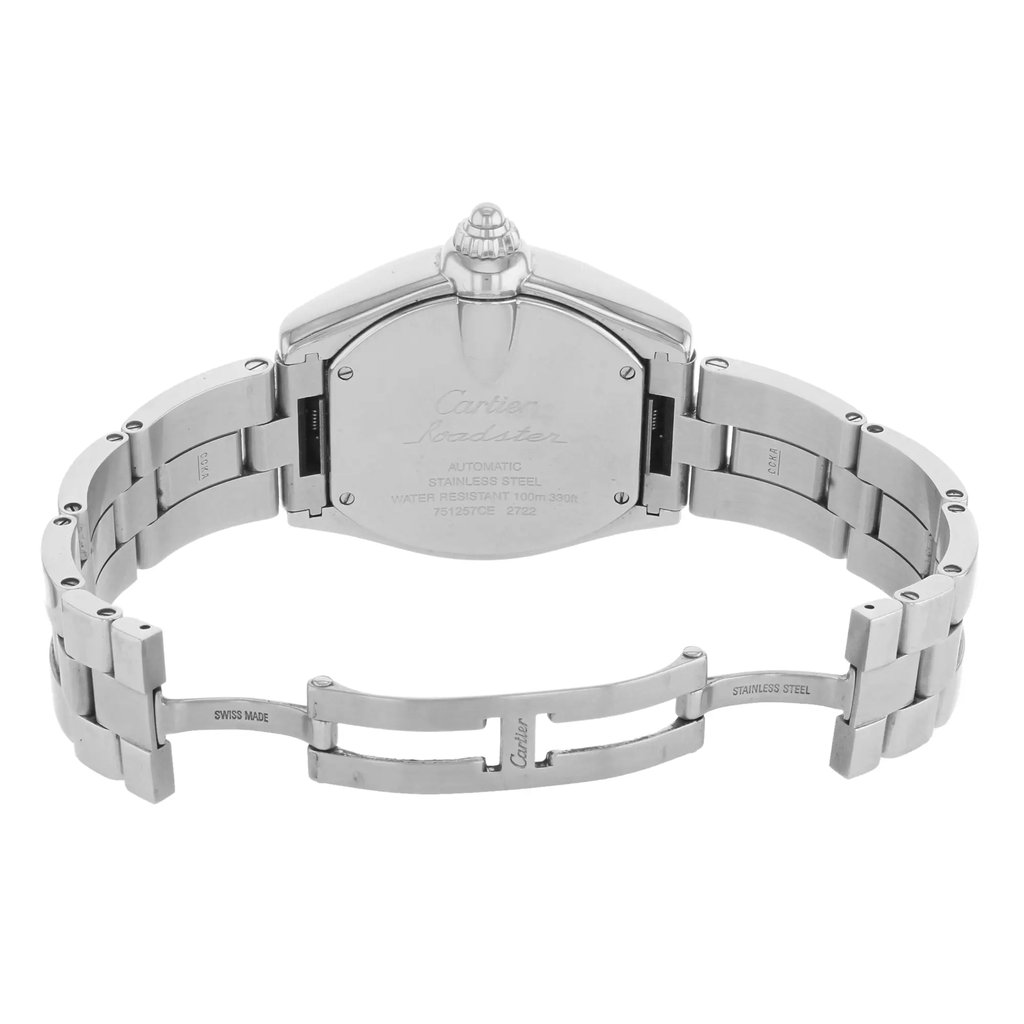 Back View Of {Caseback} Back Case And Open Stainless Steel Band Of Cartier W62032X6 Watch Pre Owned Condition