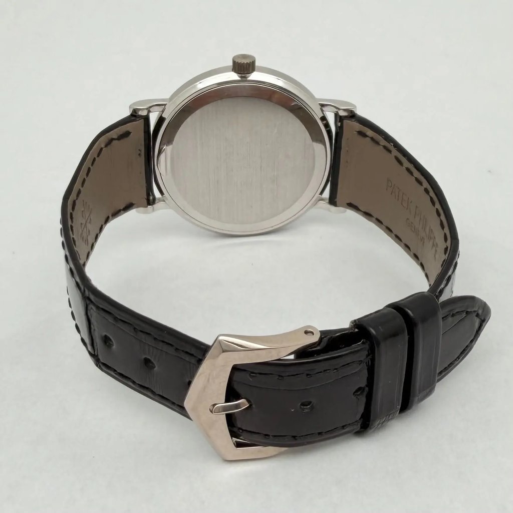 Back View Of Solid Back Case And Closed Leather Band Of Patek Philippe  5006G Watch Pre Owned Condition