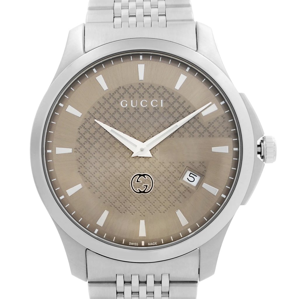 Up Close Front Facing Picture Of Gucci YA126349 Stainless Steel Watch Pre Owned Condition