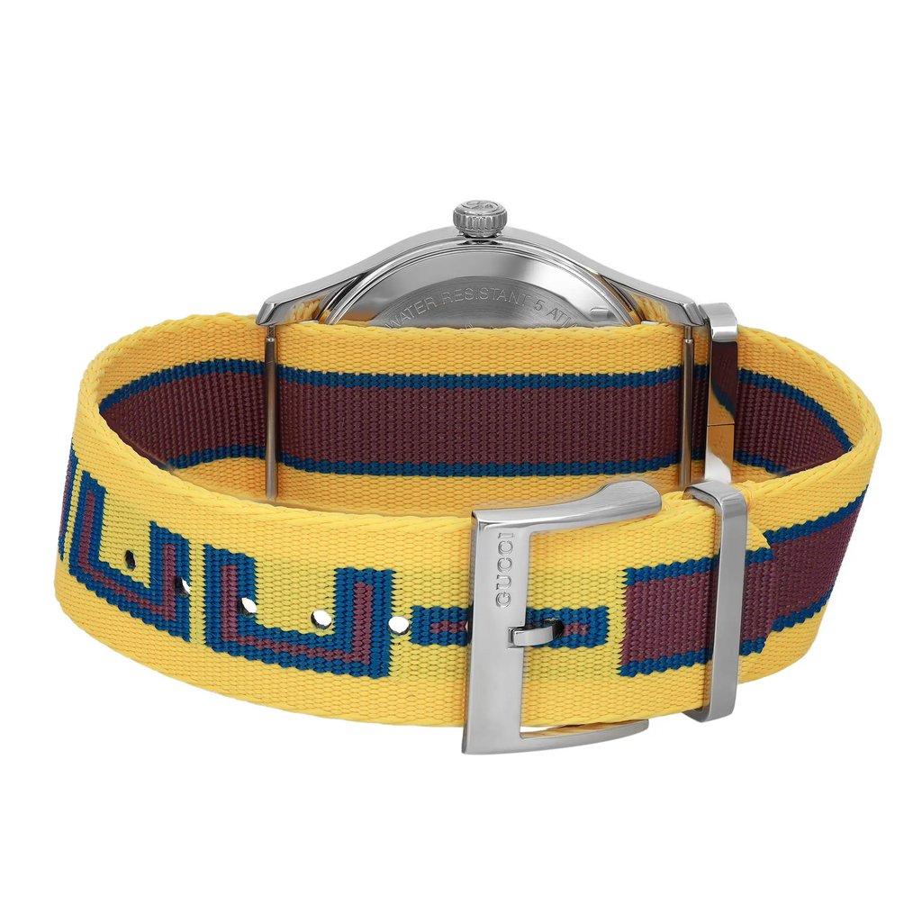 Back View Of Snap Back Case And Closed Nylon Band Of Gucci YA1264069 Watch Unworn Condition