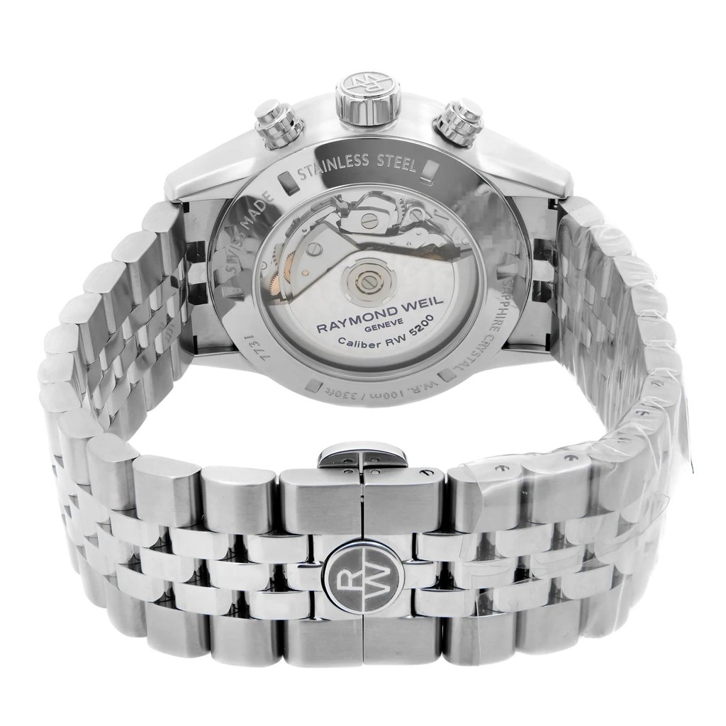 Back View Of Exhibition Back Case And Closed Stainless Steel Band Of RAYMOND WEIL 7731-ST1-20621 Watch New With Defects Condition