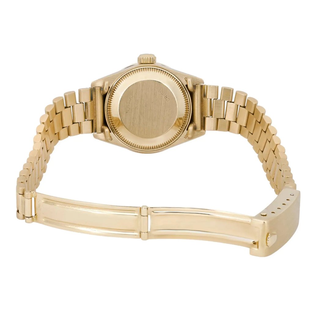 Back View Of Solid Back Case And Open Yellow Gold Band Of Rolex 6927 Watch Pre Owned Condition