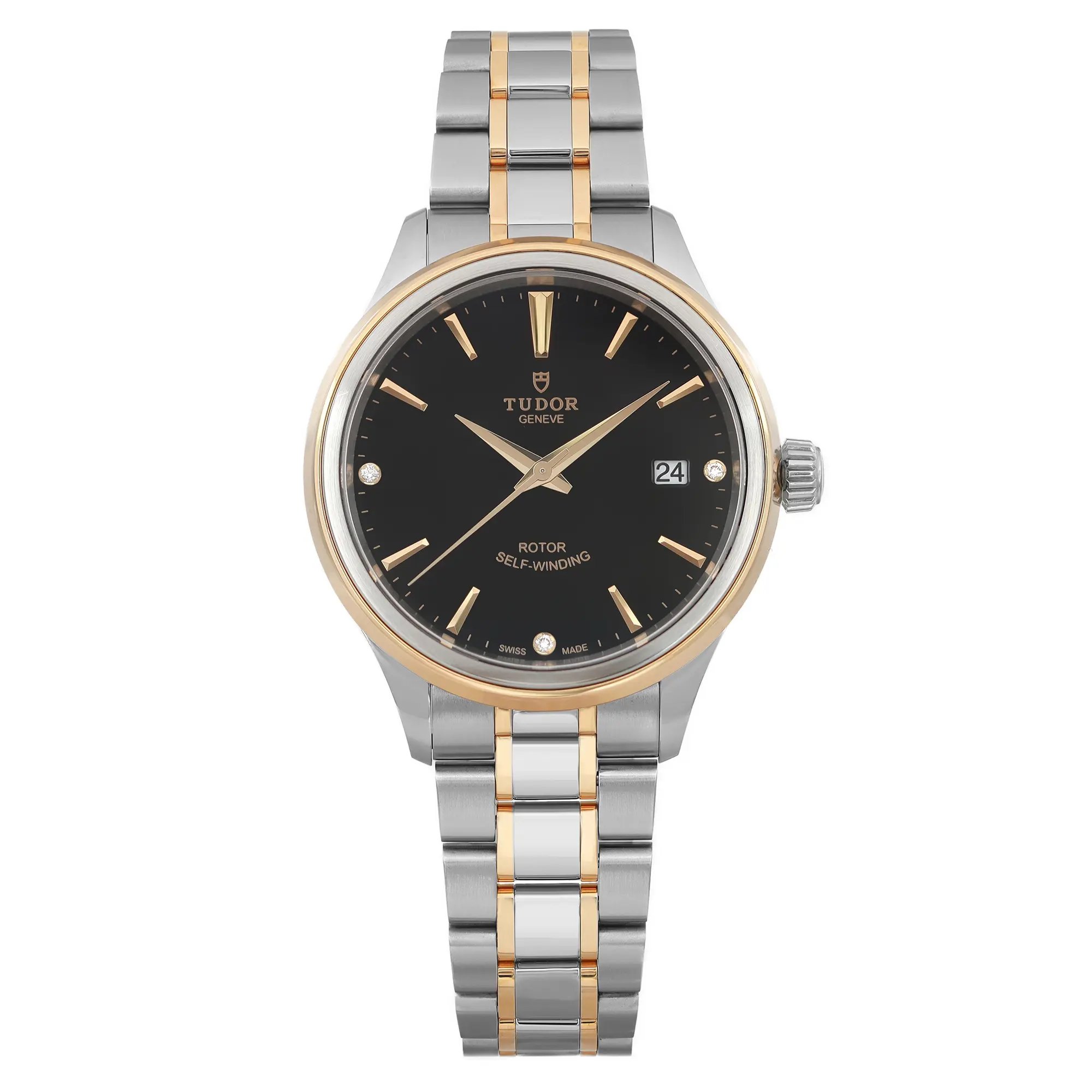 An image of a wristwatch taken from a front full-frontal view. The watch is unworn and features a dual-tone metal bracelet with gold and silver links. The black dial has gold hour markers and hands, with a date display at the 3 o'clock position. The brand name is visible at the top of the dial. The watch is positioned centrally against a plain background, captured at a close distance to highlight its details.