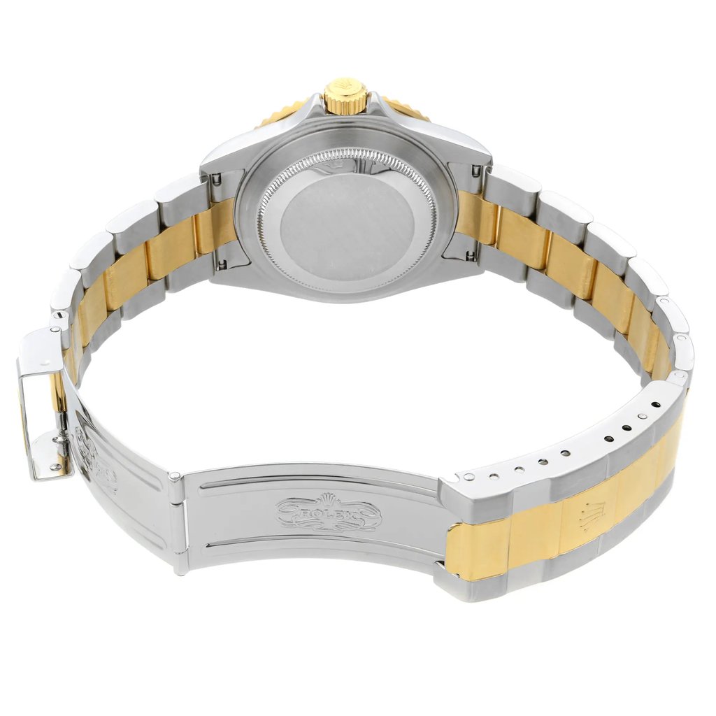 Back View Of Solid Back Case And Open Stainless Steel,Gold Band Of Rolex 16613LN Watch Pre Owned Condition
