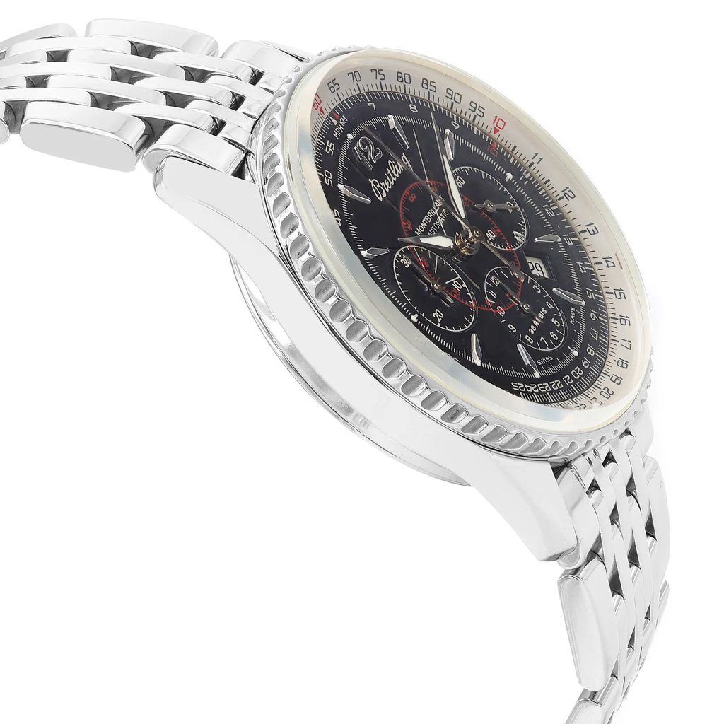 An image of a pre-owned Breitling men's wristwatch in a pilot/aviator style, viewed from a side profile opposite the crown. The watch features a round stainless steel case and a matching band. The black dial includes chronograph functions, a date indicator, and a small seconds subdial, all under a steel-colored bezel. The watch is positioned at an angle with the face partially visible, showcasing its design and features.