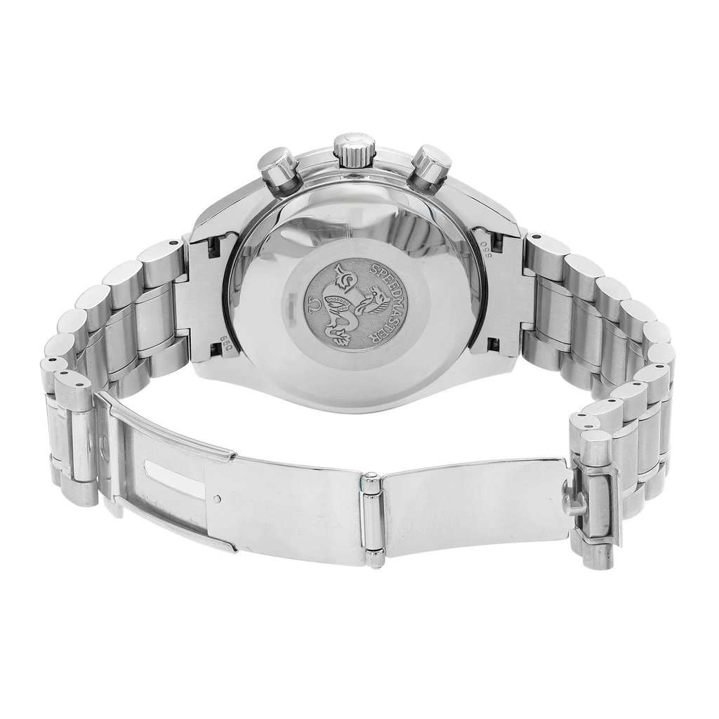 Back View Of Solid Back Case And Open Stainless Steel Band Of OMEGA 3520.50.00 Watch Pre Owned Condition