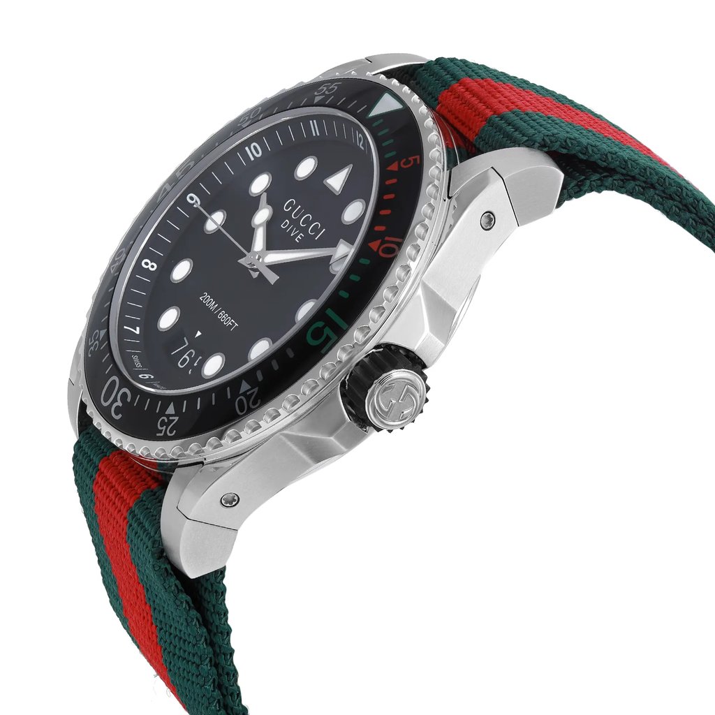 View Of Crown Facing Side Of Gucci YA136209 Stainless Steel Watch Display Model Condition