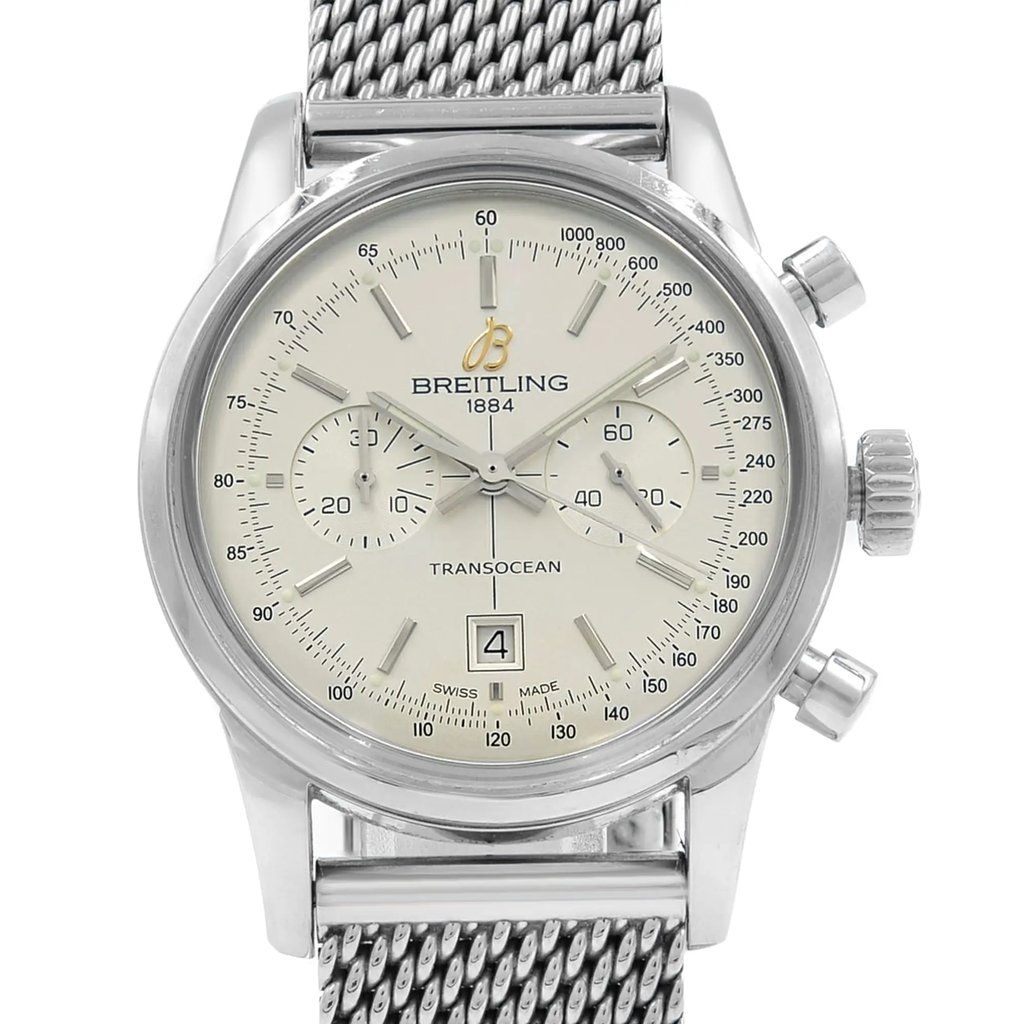 Up Close Front Facing Picture Of Breitling A4131012/G757-171A Stainless Steel Watch Display Model Condition