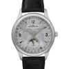 An image of a pre-owned Jaeger-LeCoultre luxury men's wristwatch, presented in an excellent condition with a front close-up view of the watch face. The watch has a round stainless steel case with a gray bezel and a silver meteorite dial pattern. It features Arabic numerals, stick indexes, and a 12-hour dial with a moon phase and a small seconds subdial. The watch is attached to a black leather band and shows light signs of wear or scratches. The photo is taken from a straight-on angle, focusing closely on the watch face to capture the details.