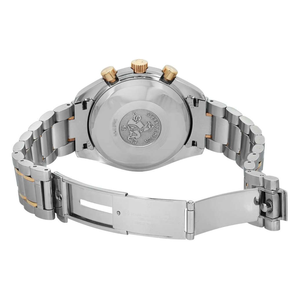 An image of a pre-owned men's OMEGA wristwatch viewed from the back with an open clasp. The round stainless steel case features a screwback design, and the band is also made of stainless steel. The single fold-over clasp with a push button is open, revealing the inner side. The watch is positioned centrally, captured at a close distance and straight angle, highlighting its features and good condition.