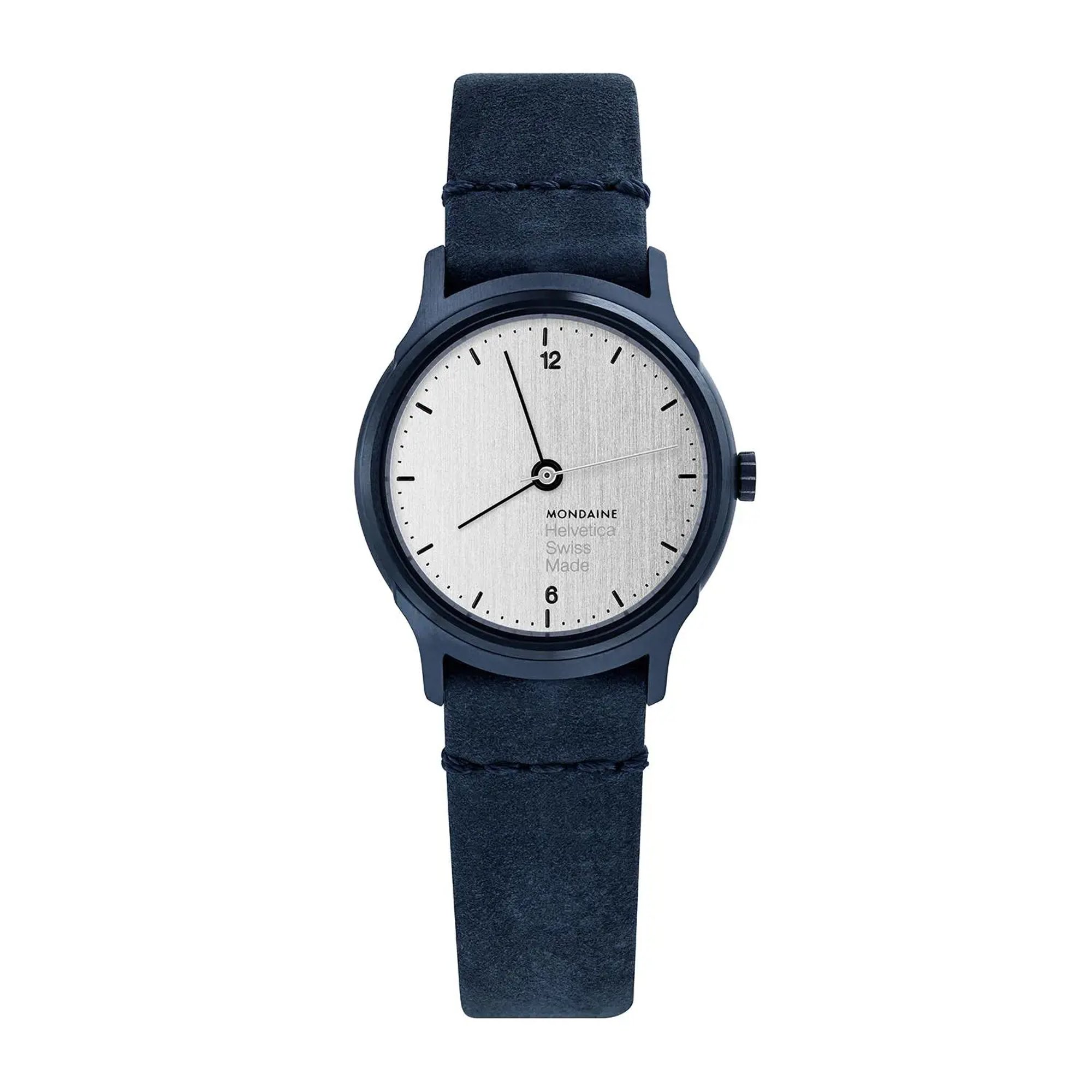 An image of a Wristwatch by Mondaine. This Pre Owned item is designed for Women, featuring a Casual style. It has a Quartz movement and an Analog display with a Silver dial color. The indices include 12-Hour Dial,Arabic Numerals,Stick Indexes. The band is made of Leather and the case is made of Stainless Steel. The watch has a Round shape with a case size of 26 mm and a case thickness of 6 mm.