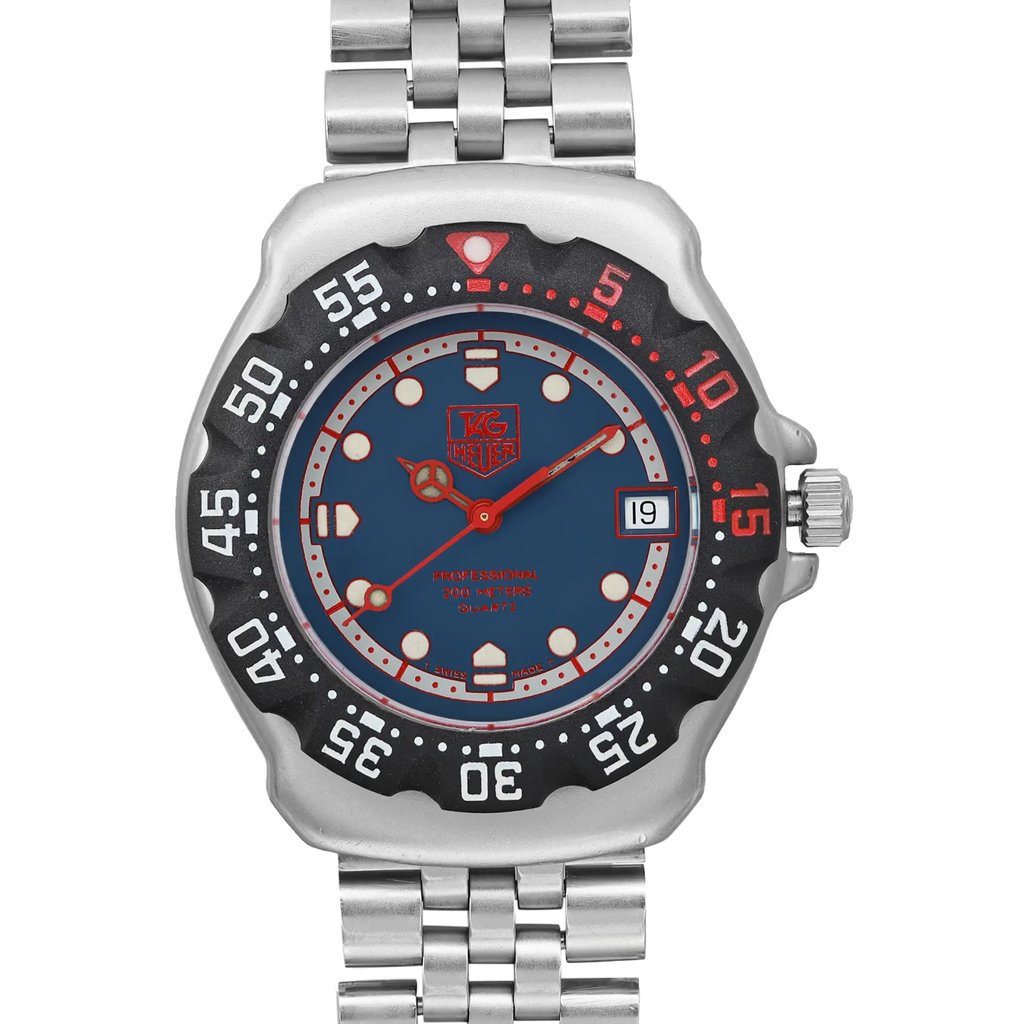 Up Close Front Facing Picture Of TAG Heuer WA1210 Stainless Steel Watch Pre Owned Condition