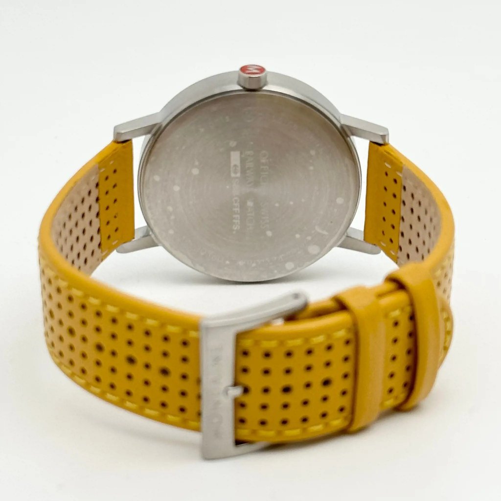 Back View Of Solid Back Case And Closed Leather Band Of Mondaine  A660.30360.16SBE Watch Unworn Condition