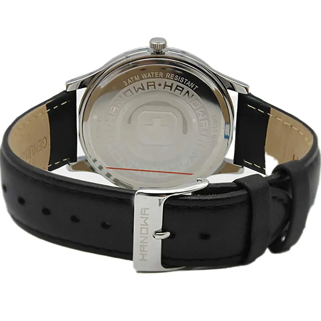 An image of a Wristwatch by Hanowa. This Unworn item is designed for Men, featuring a Casual style. It has a Quartz movement and an Analog display with a Black dial color. The indices include 12-Hour Dial,Stick Indexes. The band is made of Leather and the case is made of Stainless Steel. The watch has a Round shape with a case size of 40 mm and a case thickness of 8 mm.