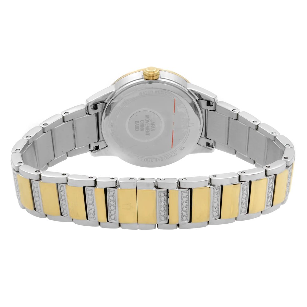 An image of a Bulova women's wristwatch, displayed as a back view with a close clasp. The watch has a solid stainless steel caseback and features a two-tone gold-plated and stainless steel band. The round shape of the case is visible from the angle, which is a close-up, emphasizing the hidden fold clasp of the bracelet. The watch is in a display model condition, indicating no wear.