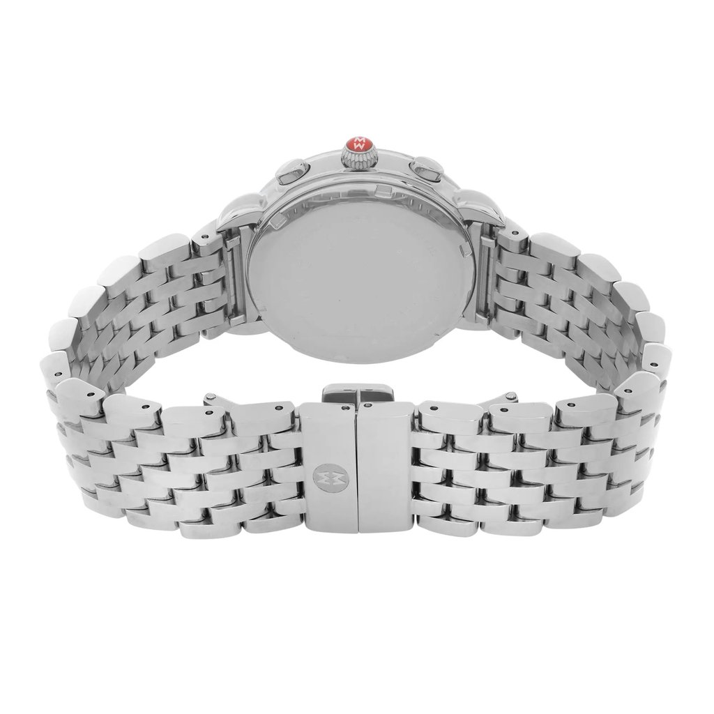 An image of a wristwatch showing the back view in a display model condition. The watch is positioned with the clasp closed, featuring a silver metal bracelet. The angle is directly from the back, capturing the watch's case and band in detail. The image is taken at a close distance, highlighting the intricate links and clasp design.