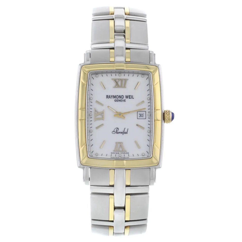 An image of a Wristwatch by RAYMOND WEIL. This Display Model item is designed for Men, featuring a Casual style. It has a Quartz movement and an Analog display with a White dial color. The indices include 12-Hour Dial,Stick Indexes. The band is made of Stainless Steel and the case is made of Stainless Steel. The watch has a Rectangle shape with a case size of 28 mm and a case thickness of 7 mm.