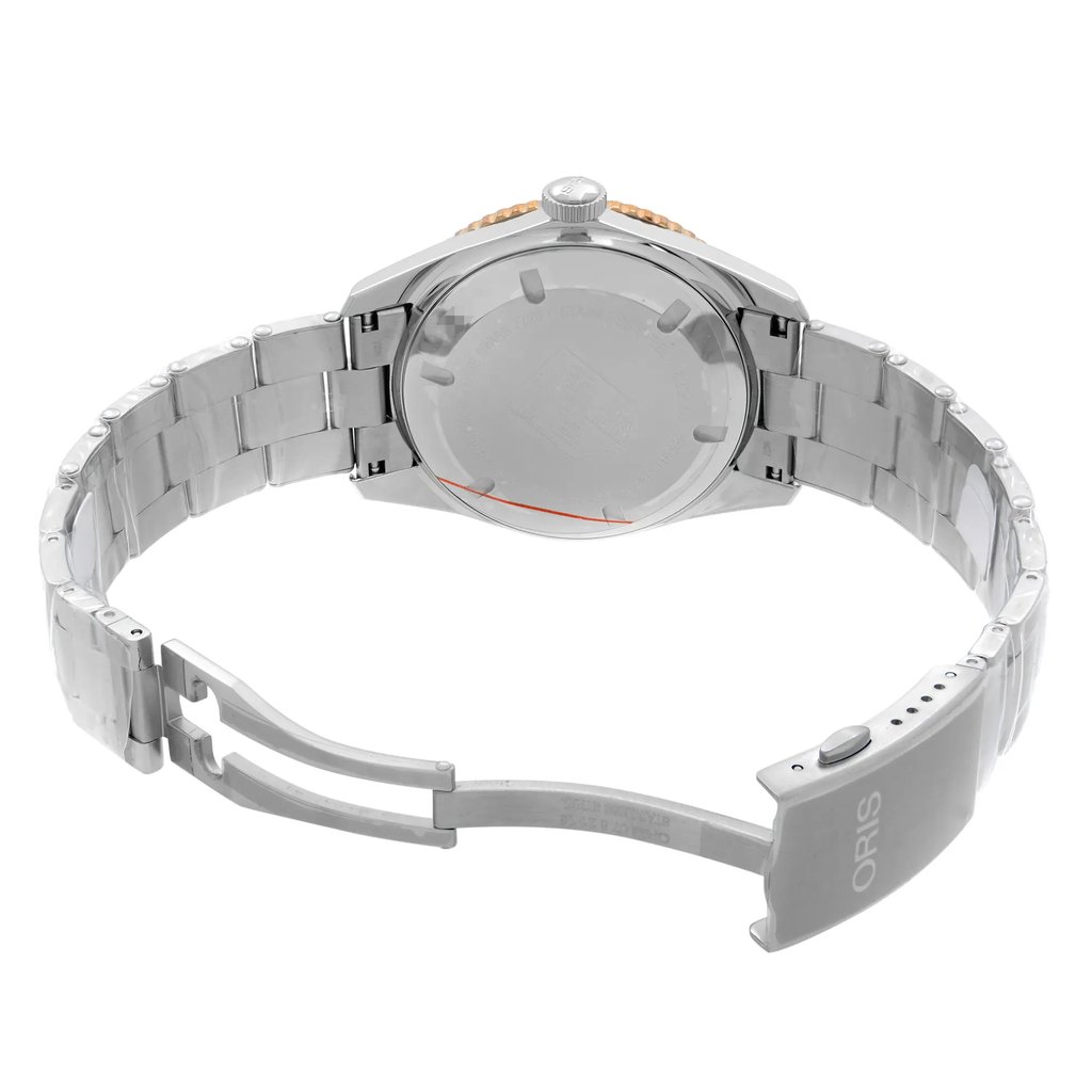 An image of a wristwatch taken from the back view, displaying the open clasp. The watch is positioned at a slight angle from above, focusing on the stainless steel bracelet and the back of the watch case. The distance is close enough to capture details of the clasp mechanism and the smooth metallic finish. The condition appears to be that of a display model.