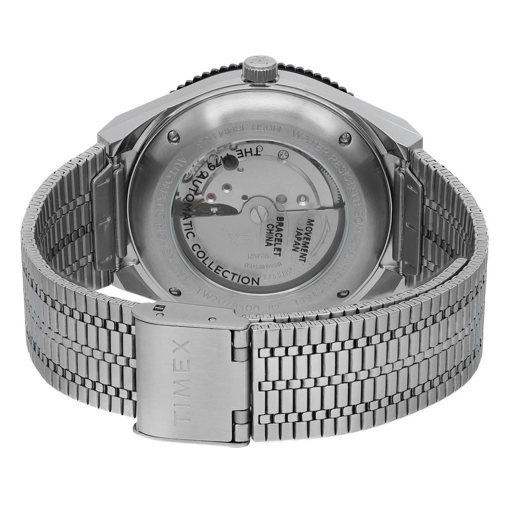 An image of a Wristwatch by Timex. This Display Model item is designed for Men, featuring a Dress/Formal style. It has a Mechanical (Automatic) movement and an Analog display with a Black dial color. The indices include 12-Hour Dial,Non-Numeric Hour Marks,Round Indexes. The band is made of Stainless Steel and the case is made of Stainless Steel. The watch has a Round shape with a case size of 40 mm and a case thickness of 15 mm.