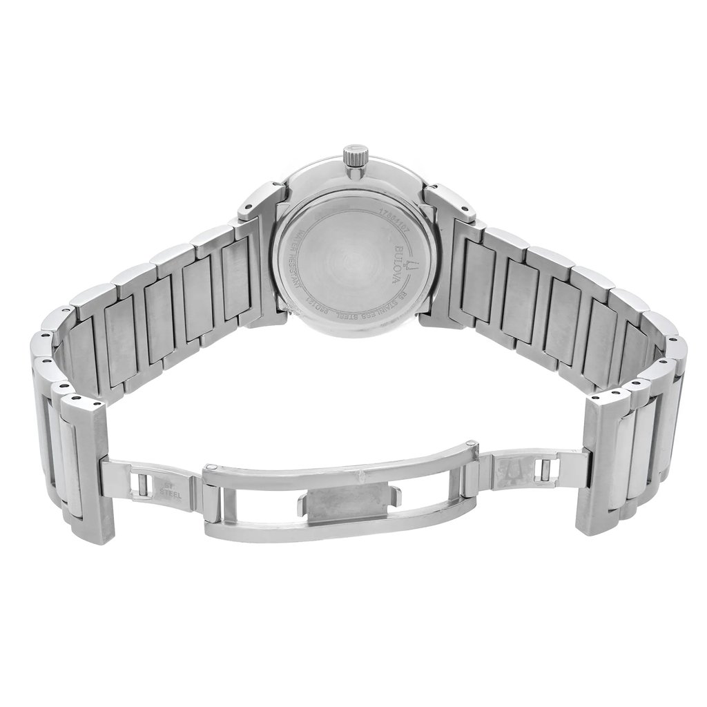 Back View Of Solid Back Case And Open Stainless Steel Band Of Bulova 96D121 Watch Display Model Condition